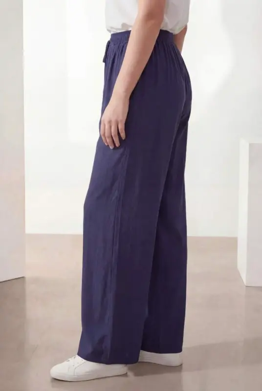Bel Lastikli Bol Paça Büyük Beden Kadın Pantolon Lacivert - 3