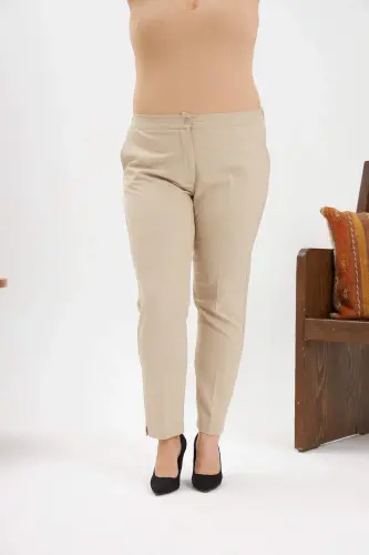 Bel Lastikli Paça Mini Yırtmaçlı Büyük Beden Krem Kumaş Pantolon - 6