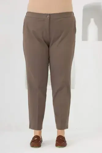 Bel Lastikli Paça Mini Yırtmaçlı Büyük Beden Kumaş Pantolon Vizon - 1