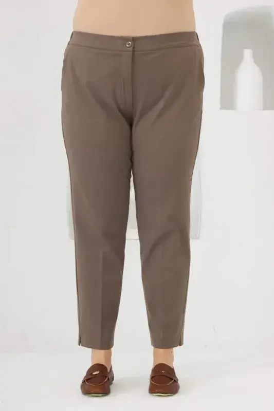 Bel Lastikli Paça Mini Yırtmaçlı Büyük Beden Kumaş Pantolon Vizon - 1