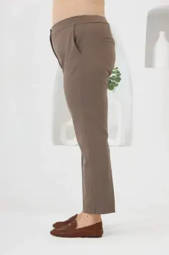 Bel Lastikli Paça Mini Yırtmaçlı Büyük Beden Kumaş Pantolon Vizon - 2