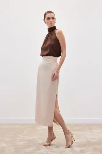 Bel Pile Detaylı Saten Etek - Bej-Bej - 5