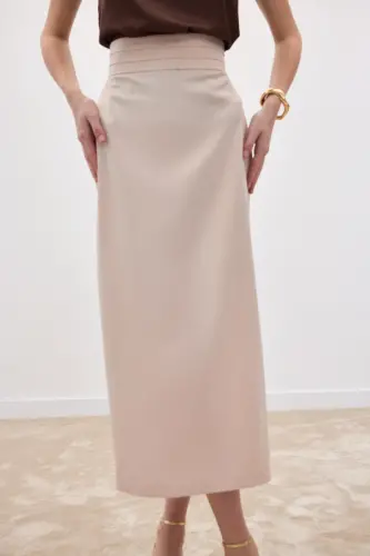 Bel Pile Detaylı Saten Etek - Bej-Bej - 6