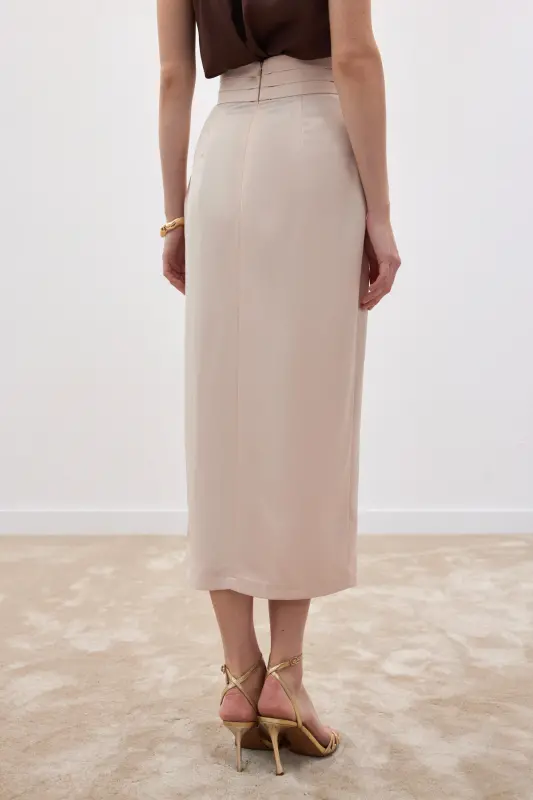 Bel Pile Detaylı Saten Etek - Bej-Bej - 8