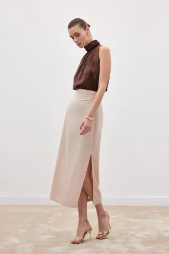 Bel Pile Detaylı Saten Etek - Bej-Bej - 1