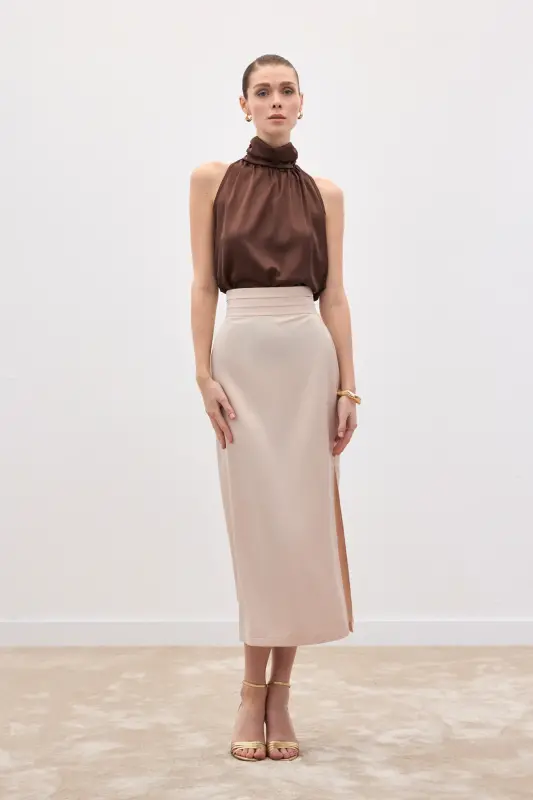 Bel Pile Detaylı Saten Etek - Bej-Bej - 3