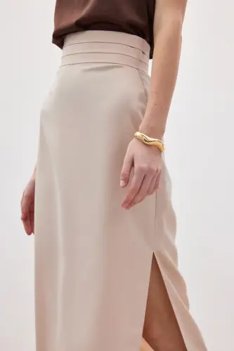 Bel Pile Detaylı Saten Etek - Bej-Bej - 7