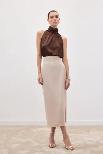 Bel Pile Detaylı Saten Etek - Bej-Bej - SATEEN (1)