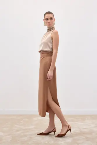 Bel Pile Detaylı Saten Etek - Camel-Camel - SATEEN (1)