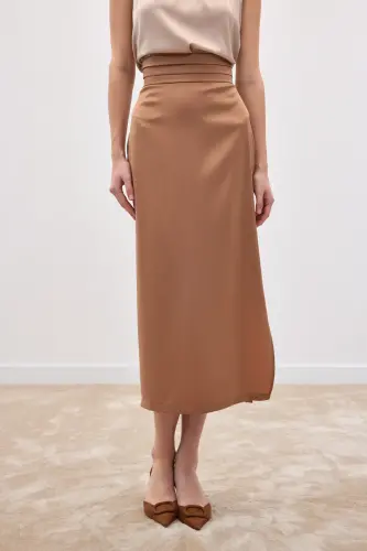 Bel Pile Detaylı Saten Etek - Camel-Camel - 4