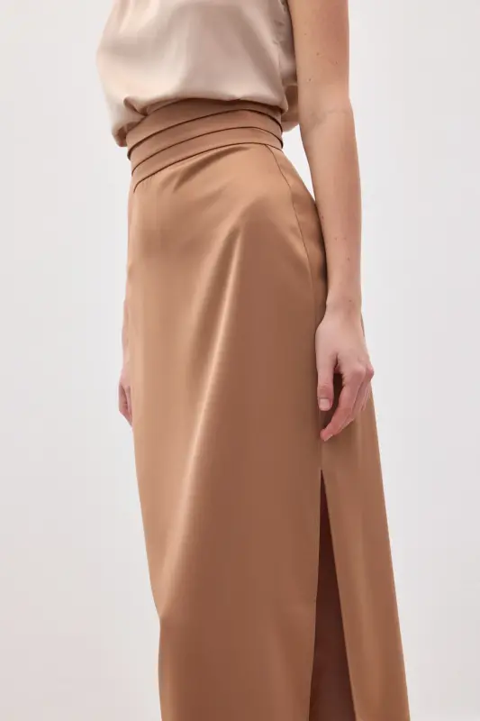 Bel Pile Detaylı Saten Etek - Camel-Camel - 5