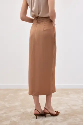 Bel Pile Detaylı Saten Etek - Camel-Camel - 6