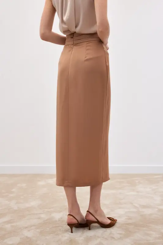 Bel Pile Detaylı Saten Etek - Camel-Camel - 6