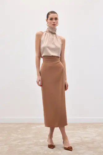 Bel Pile Detaylı Saten Etek - Camel-Camel 