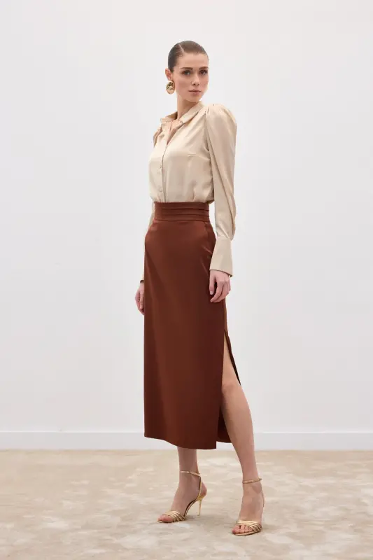Bel Pile Detaylı Saten Etek - Kahve-Kahve - 2