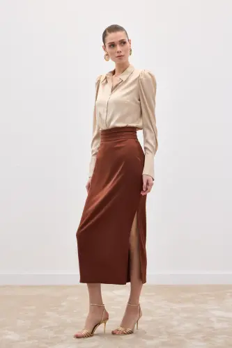 Bel Pile Detaylı Saten Etek - Kahve-Kahve - 4