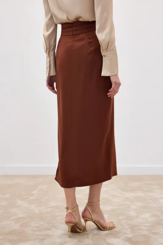 Bel Pile Detaylı Saten Etek - Kahve-Kahve - 7