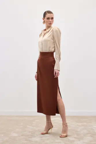 Bel Pile Detaylı Saten Etek - Kahve-Kahve - SATEEN (1)