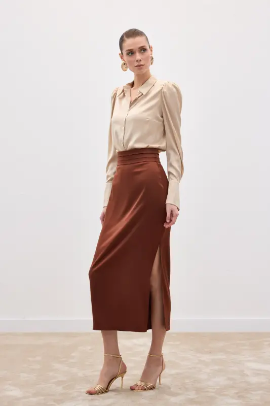 Bel Pile Detaylı Saten Etek - Kahve-Kahve - 4