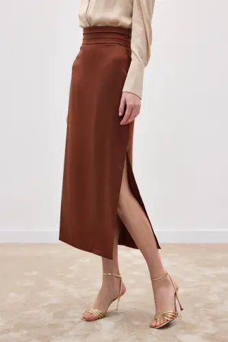 Bel Pile Detaylı Saten Etek - Kahve-Kahve - 6