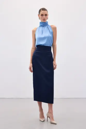 Bel Pile Detaylı Saten Etek - Lacivert-Lacivert - 1