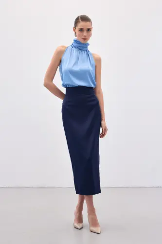 Bel Pile Detaylı Saten Etek - Lacivert-Lacivert - 3