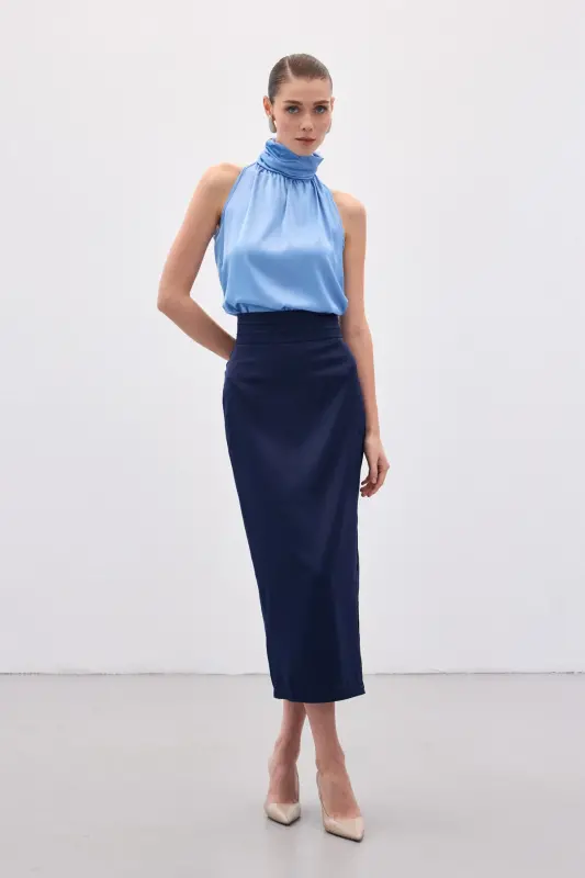 Bel Pile Detaylı Saten Etek - Lacivert-Lacivert - 3