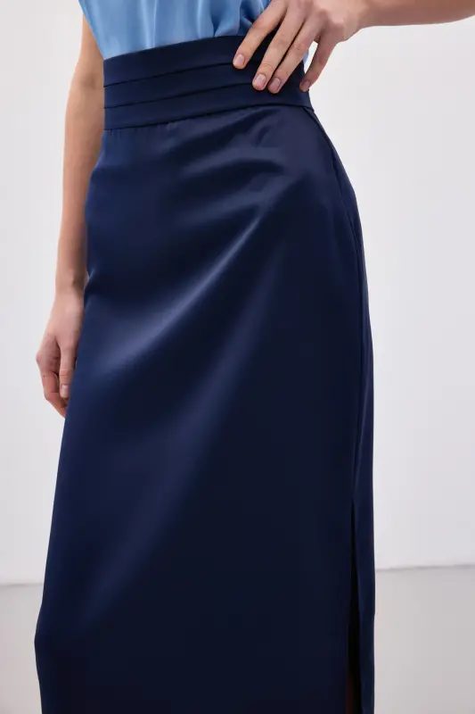 Bel Pile Detaylı Saten Etek - Lacivert-Lacivert - 6