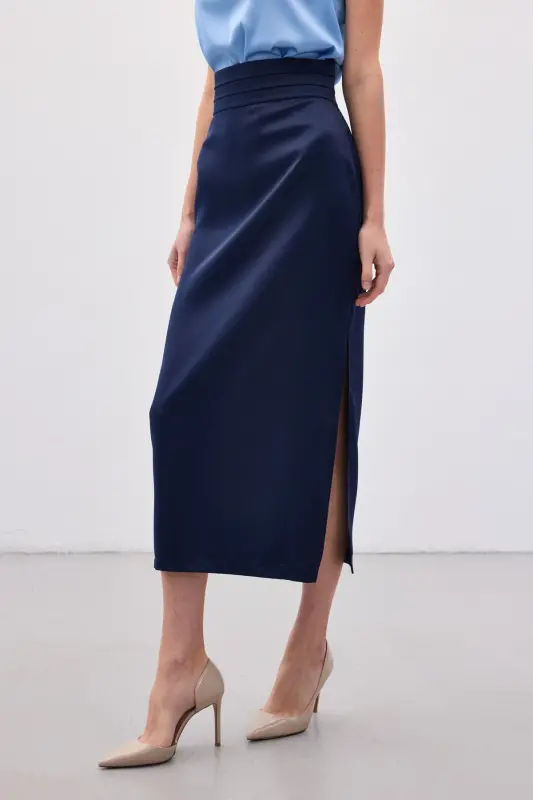 Bel Pile Detaylı Saten Etek - Lacivert-Lacivert - 7