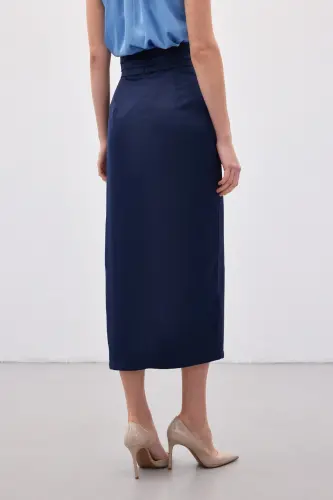 Bel Pile Detaylı Saten Etek - Lacivert-Lacivert - 8