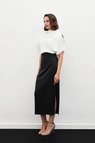 Bel Pile Detaylı Saten Etek - Siyah-SİYAH 