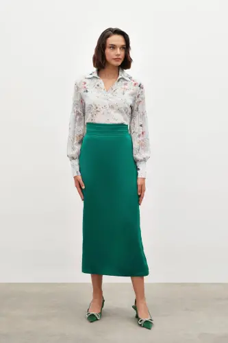 Bel Pile Detaylı Saten Etek - Zümrüt-ZÜMRÜT - 1