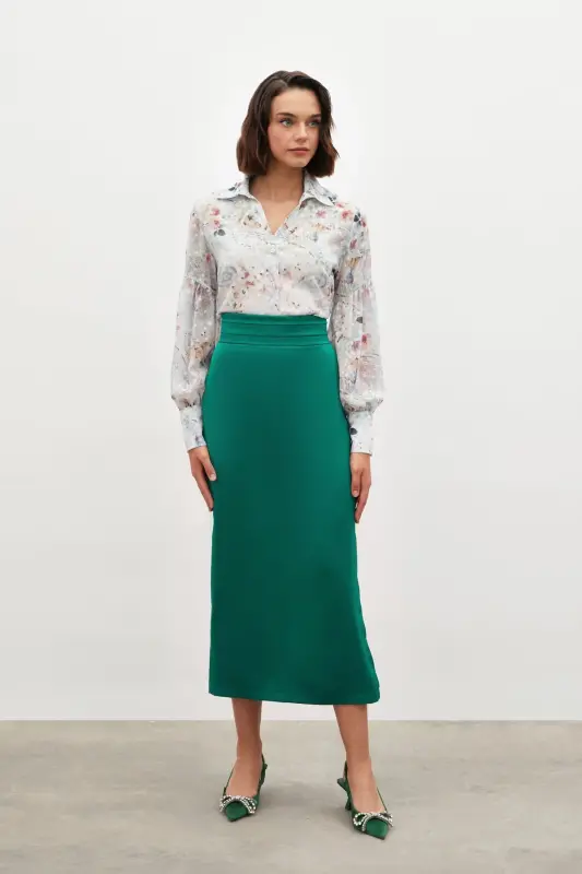 Bel Pile Detaylı Saten Etek - Zümrüt-ZÜMRÜT - SATEEN