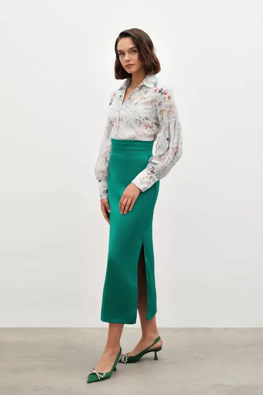 Bel Pile Detaylı Saten Etek - Zümrüt-ZÜMRÜT - 2