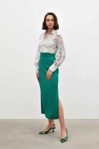 Bel Pile Detaylı Saten Etek - Zümrüt-ZÜMRÜT - 3