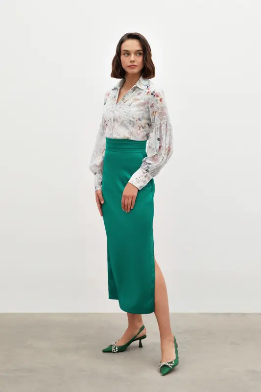 Bel Pile Detaylı Saten Etek - Zümrüt-ZÜMRÜT - 3