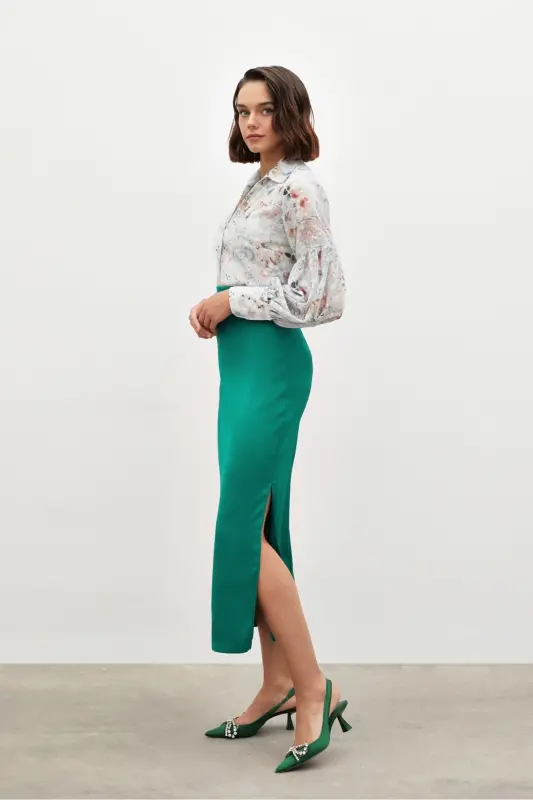 Bel Pile Detaylı Saten Etek - Zümrüt-ZÜMRÜT - 4