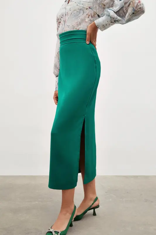 Bel Pile Detaylı Saten Etek - Zümrüt-ZÜMRÜT - 7