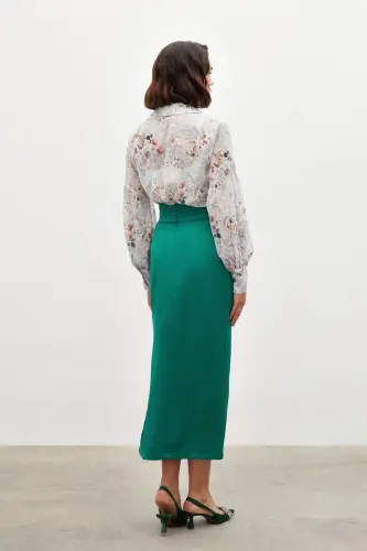 Bel Pile Detaylı Saten Etek - Zümrüt-ZÜMRÜT - 8