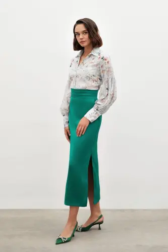 Bel Pile Detaylı Saten Etek - Zümrüt-ZÜMRÜT - SATEEN (1)
