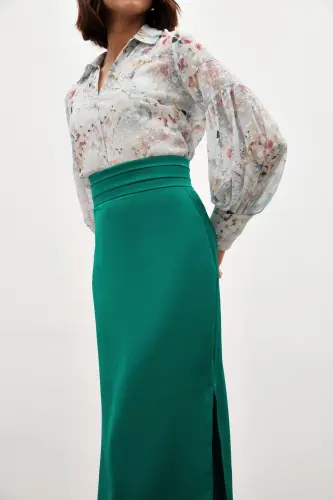 Bel Pile Detaylı Saten Etek - Zümrüt-ZÜMRÜT - 6