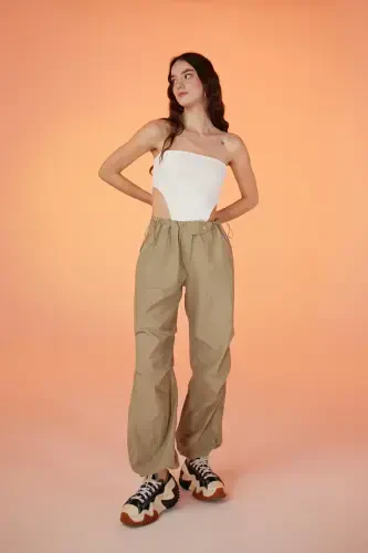 Bel Ve Paçası Ayarlanabilir Lastikli Paraşüt Pantolon Bej - 6