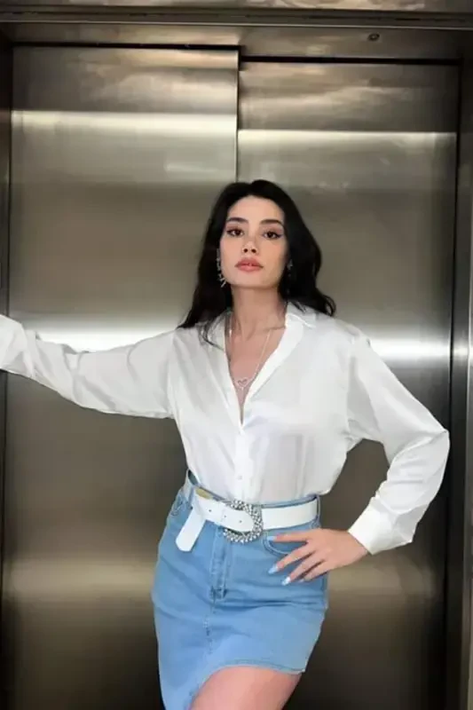 Белая атласная рубашка - BÜYÜKBEDENIZ