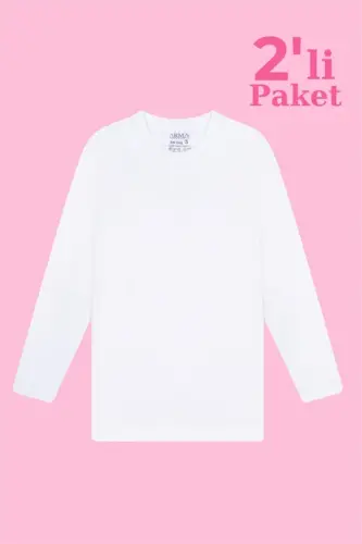 Белая детская футболка для девочек, 2 шт., с длинным рукавом, 100% хлопок, рибана - 1