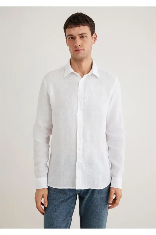 Белая Льняная Рубашка Slim Fit / Узкий Крой 0211466-62 - 4