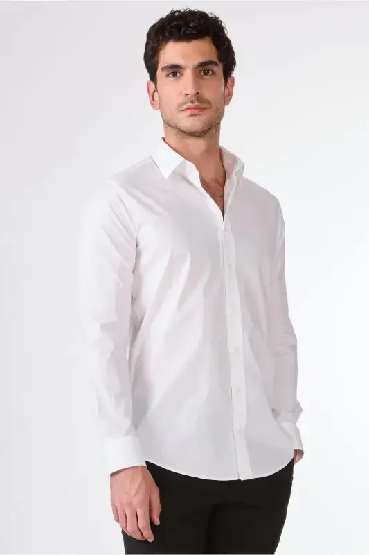 Белая мужская рубашка Slim Fit с классическим воротником и длинным рукавом - 103129 - 3