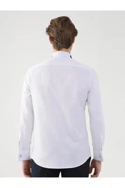 Белая мужская рубашка Slim Fit с узором, воротником-стойкой и двойными манжетами - 4