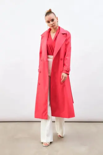 Belbog'li Uzun Palto - Fuşya - 7