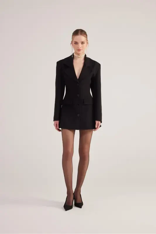 Belda Oʻtiradigan Fit Kesimli Deja Blazer Kurtka Qora - 1