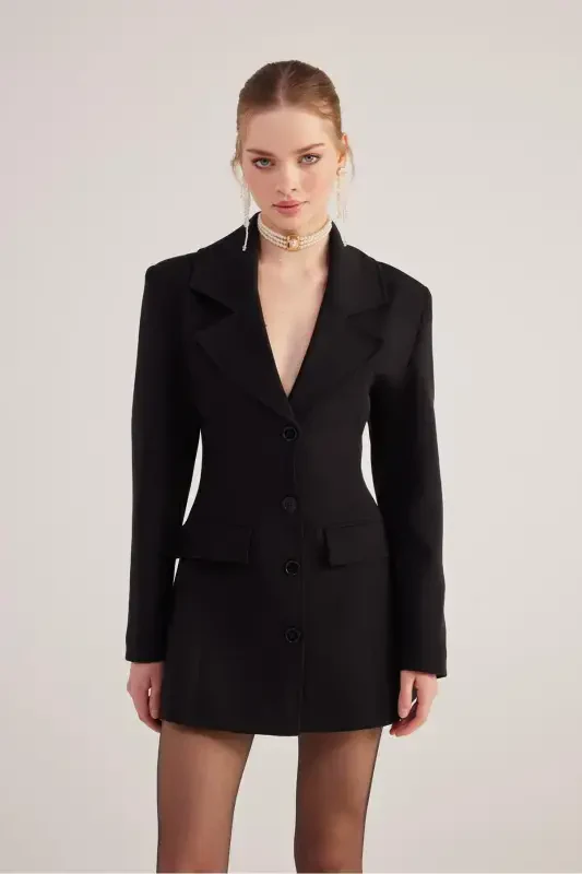 Belda Oʻtiradigan Fit Kesimli Deja Blazer Kurtka Qora - 2